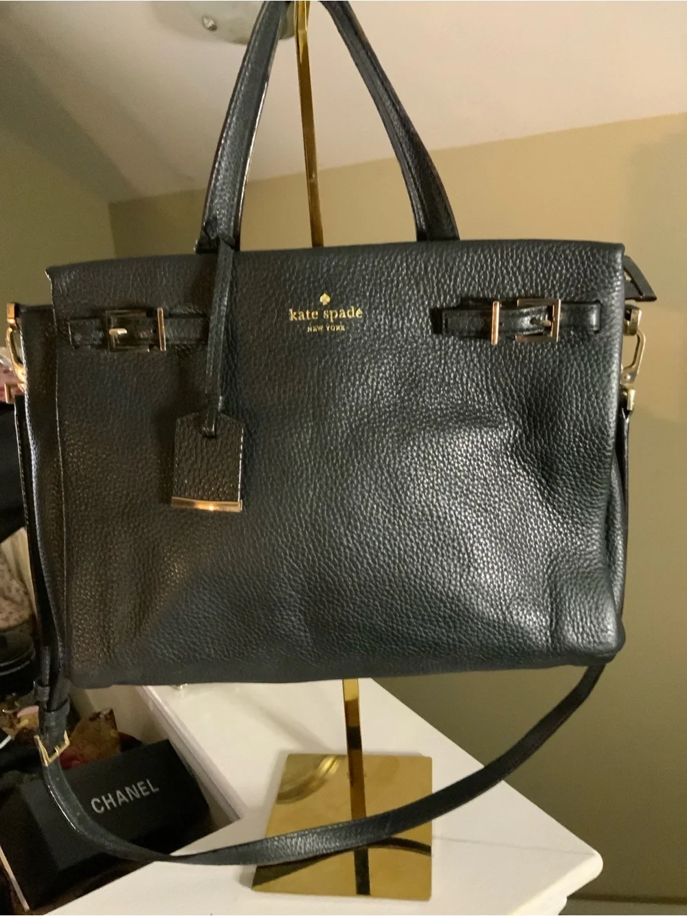kate spade Black Pebbled Leather Satchel with Gold Hardware